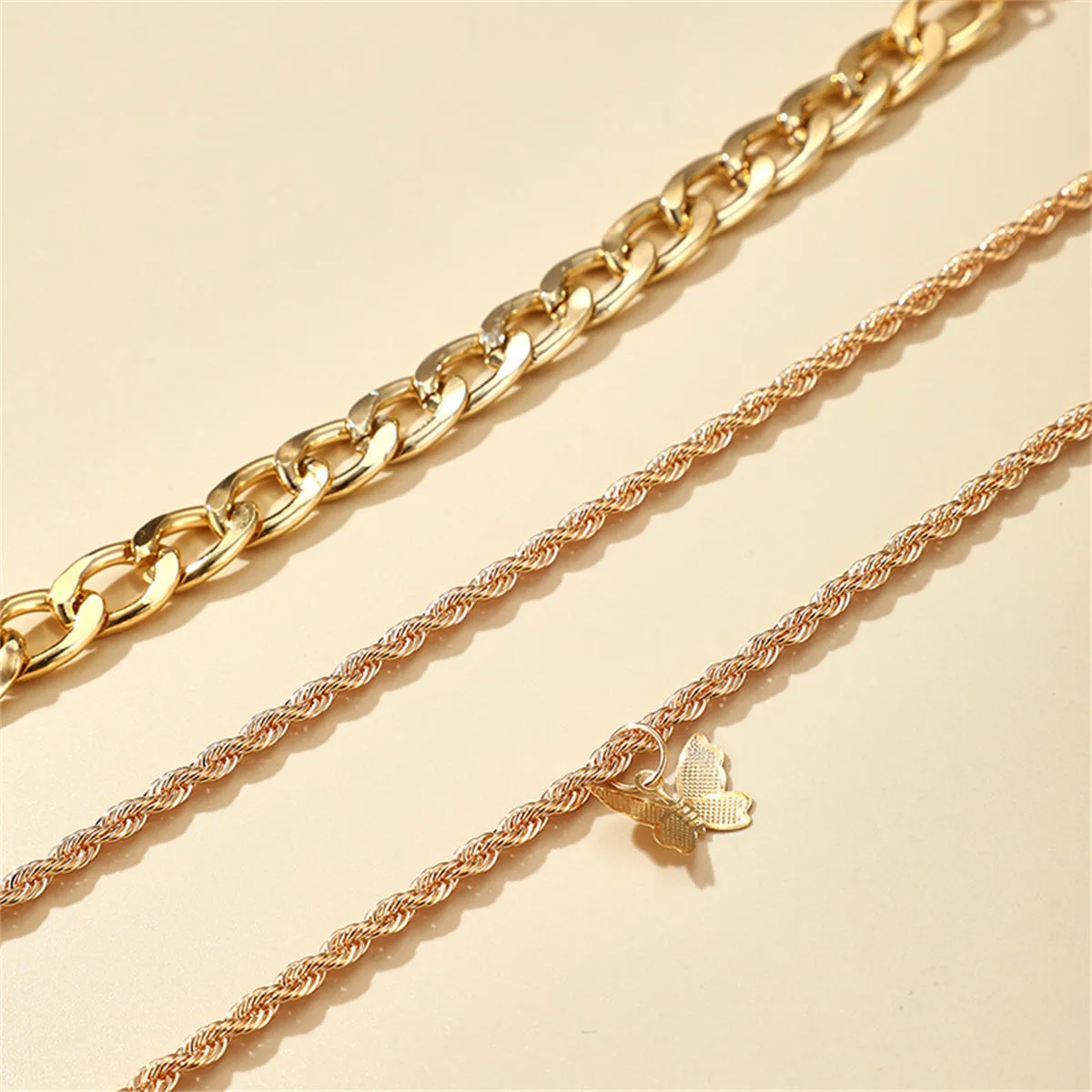 18K Gold-Plated Rope-Chain Butterfly-Charm Anklet Set