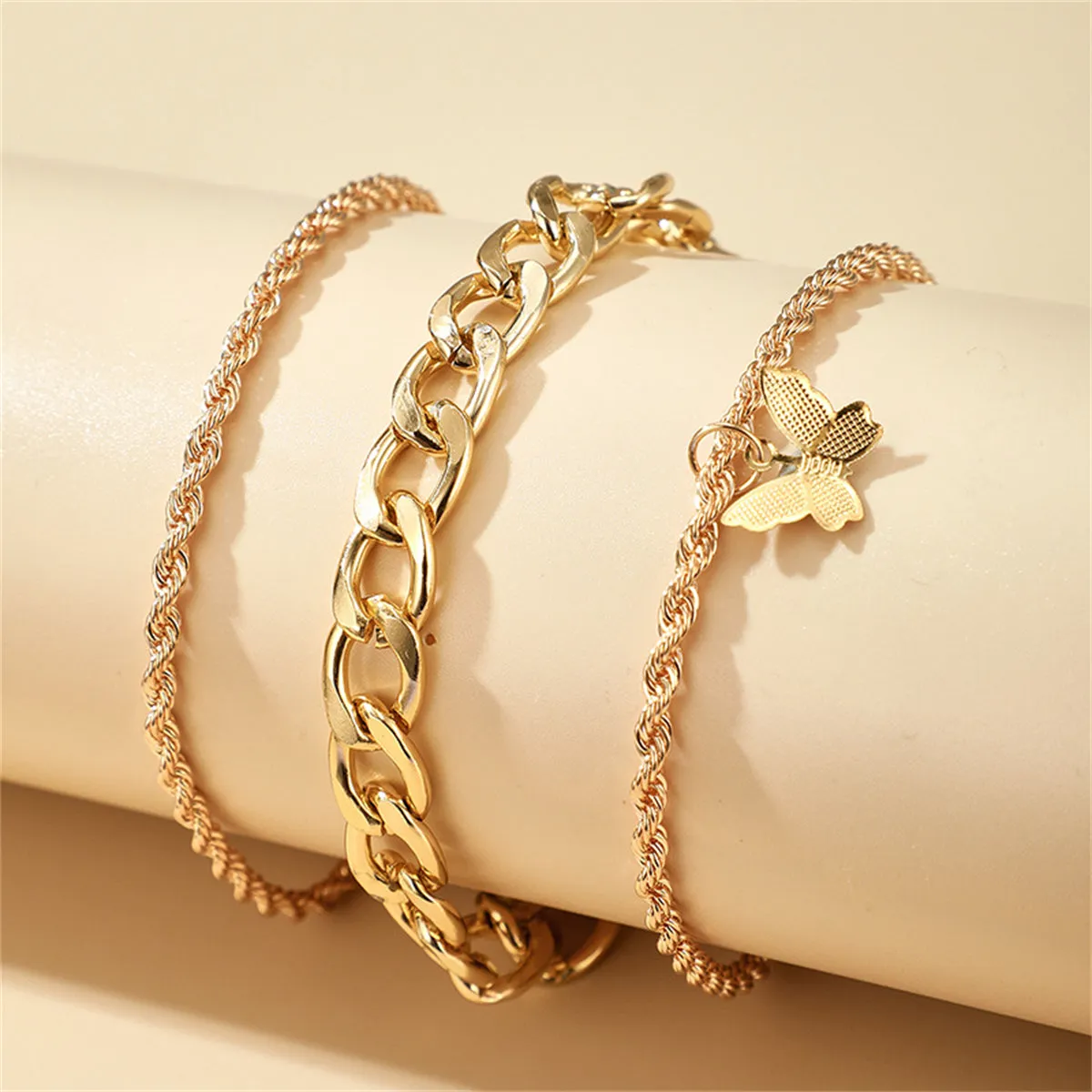 18K Gold-Plated Rope-Chain Butterfly-Charm Anklet Set