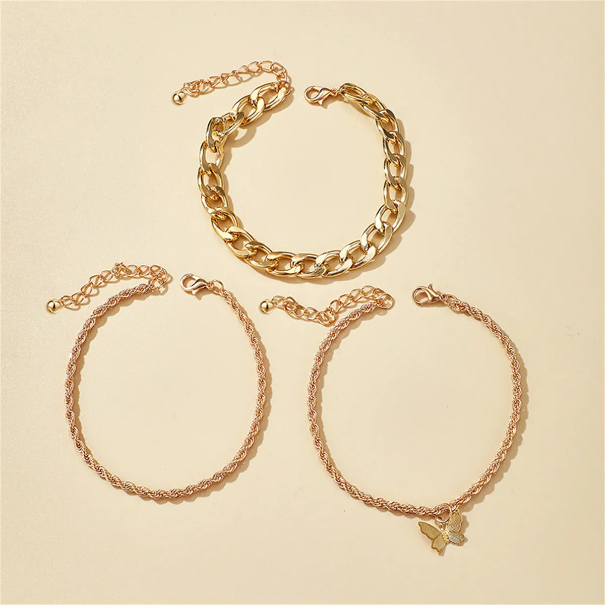 18K Gold-Plated Rope-Chain Butterfly-Charm Anklet Set