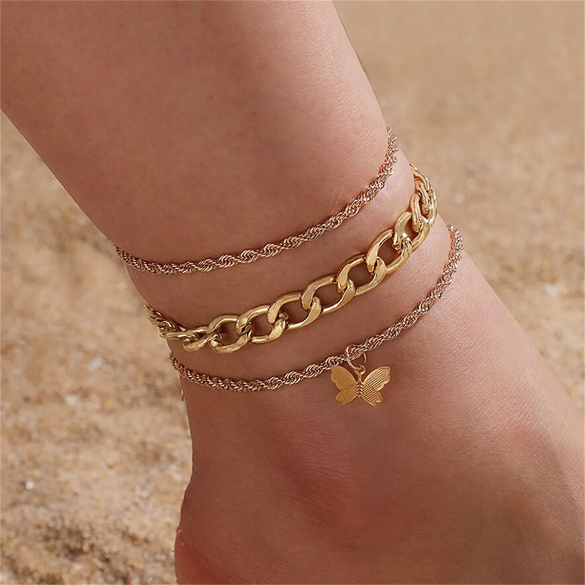 18K Gold-Plated Rope-Chain Butterfly-Charm Anklet Set