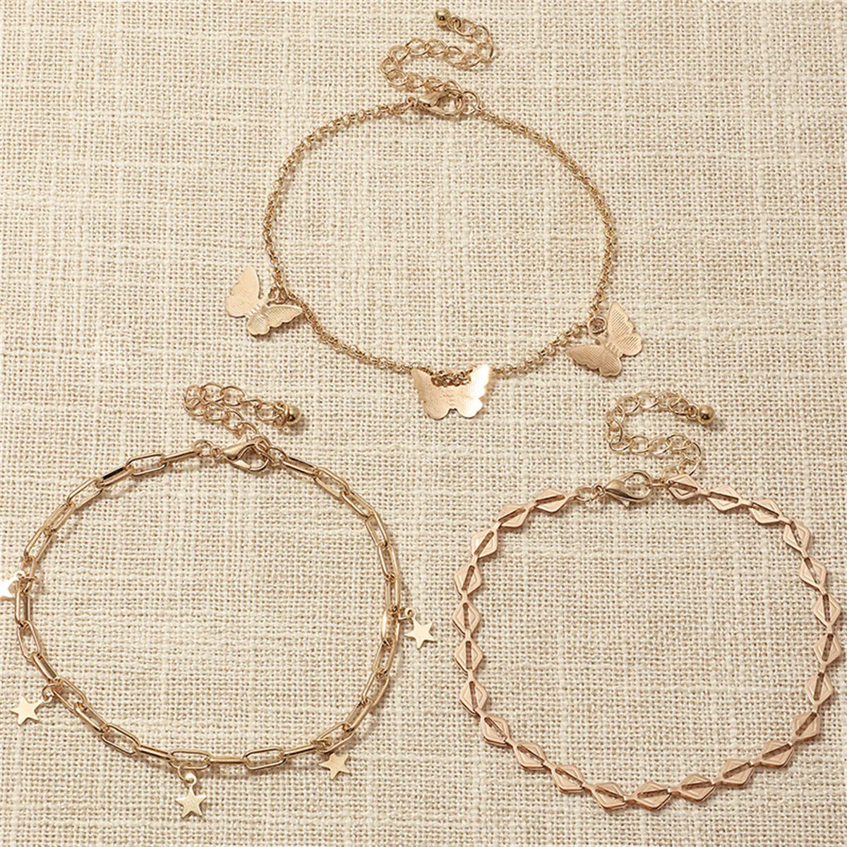 18K Gold-Plated Star & Butterfly Three-Piece Adjustable Anklet Set