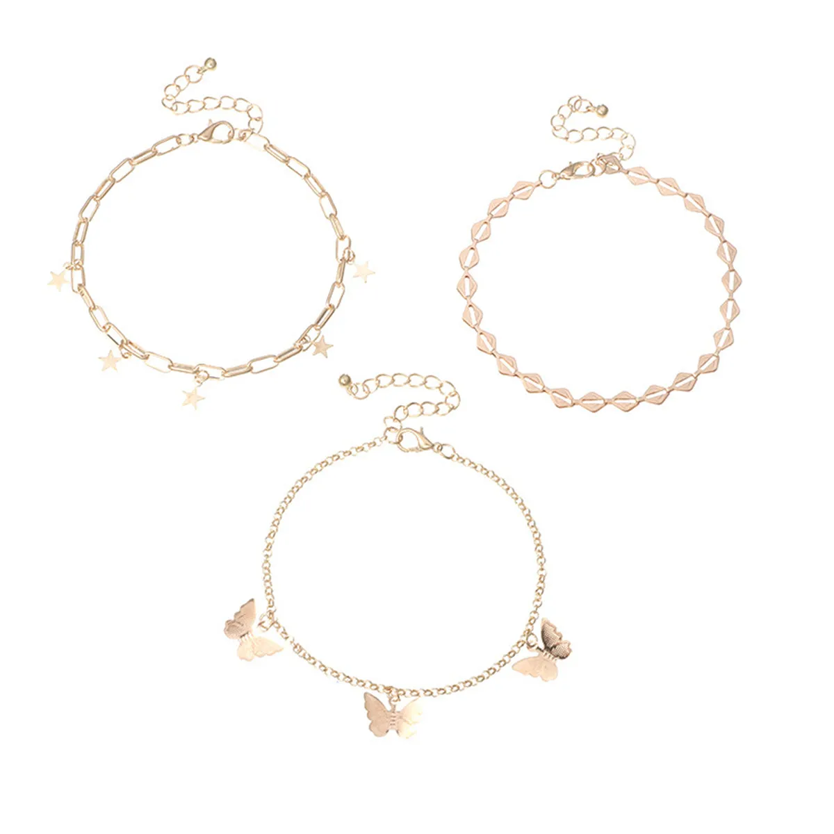 18K Gold-Plated Star & Butterfly Three-Piece Adjustable Anklet Set