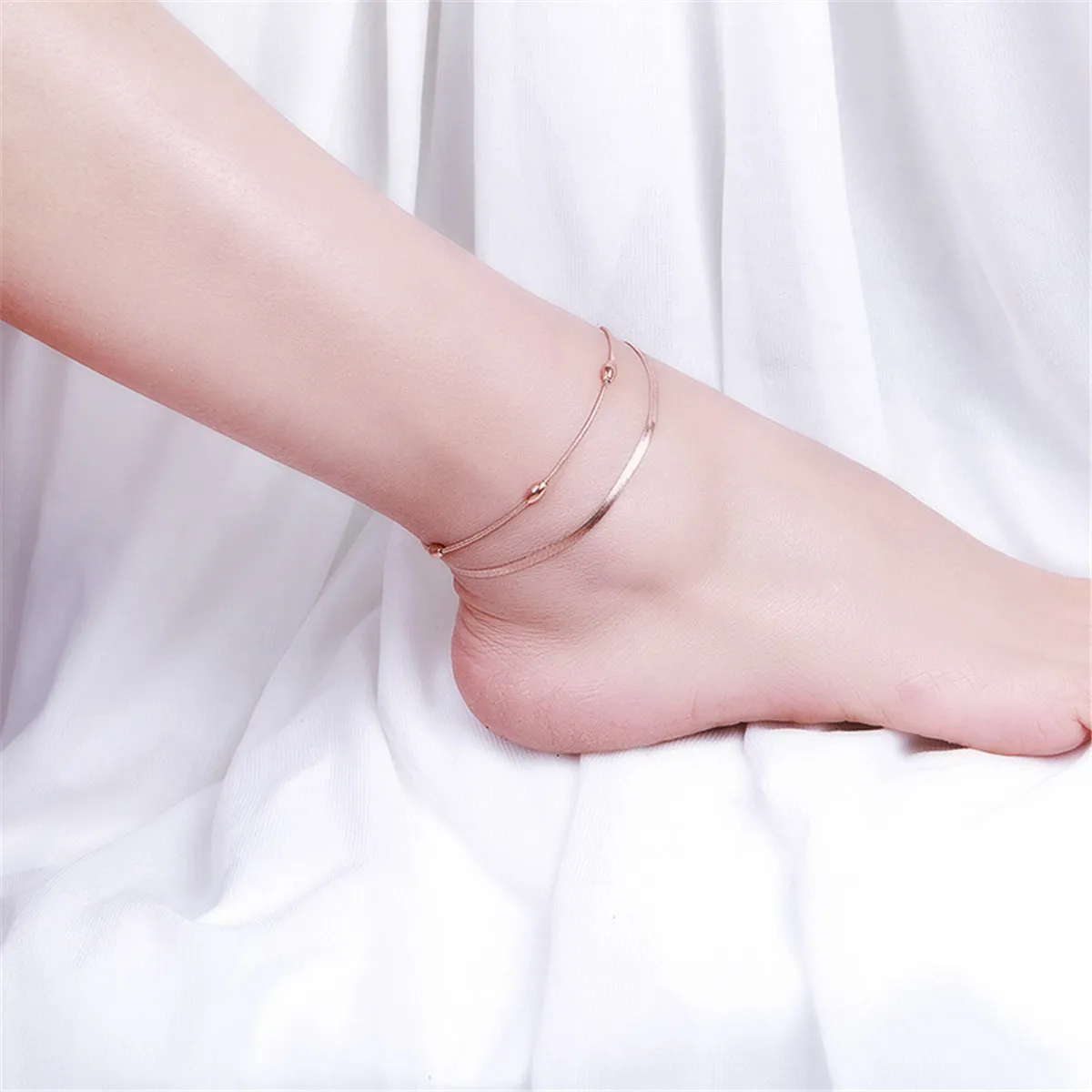 18K Rose Gold-Plated Bead & Snake Chain Layered Anklet