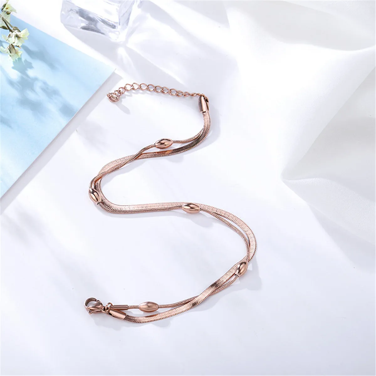 18K Rose Gold-Plated Bead & Snake Chain Layered Anklet