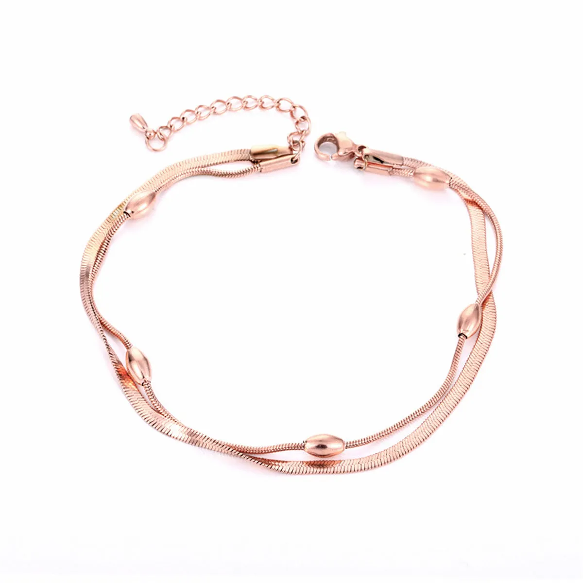 18K Rose Gold-Plated Bead & Snake Chain Layered Anklet