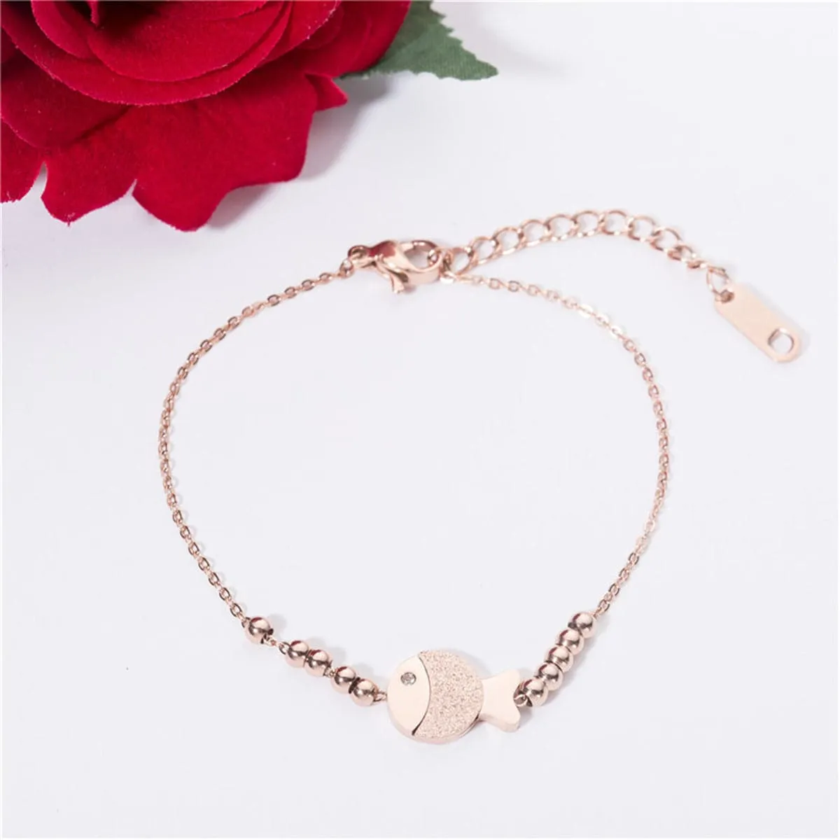 18K Rose Gold-Plated Frosted Fish & Bead Anklet