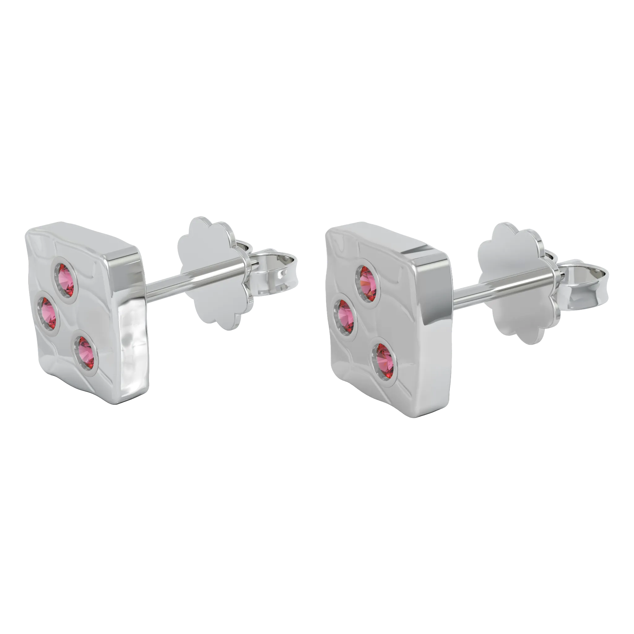 18K White Square Studs With Rubies