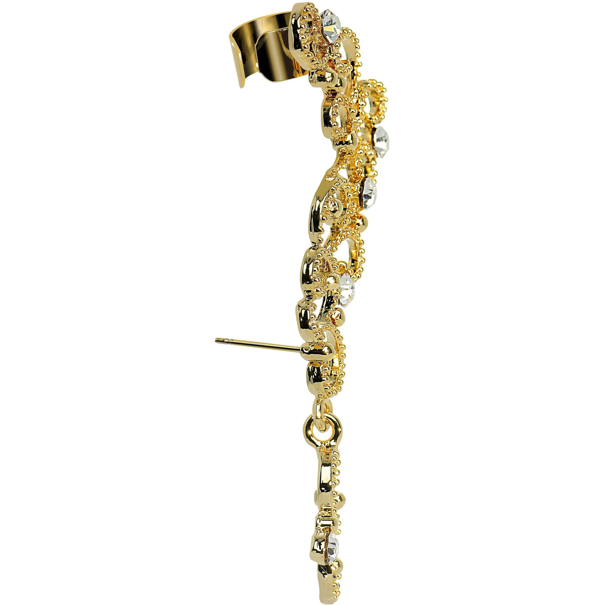 18KT Gold Plated Clear Gem Hidden Hearts Dangling Wrap Ear Cuff