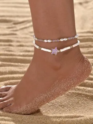 2 pc Starfish Charm Purple Beaded Anklet