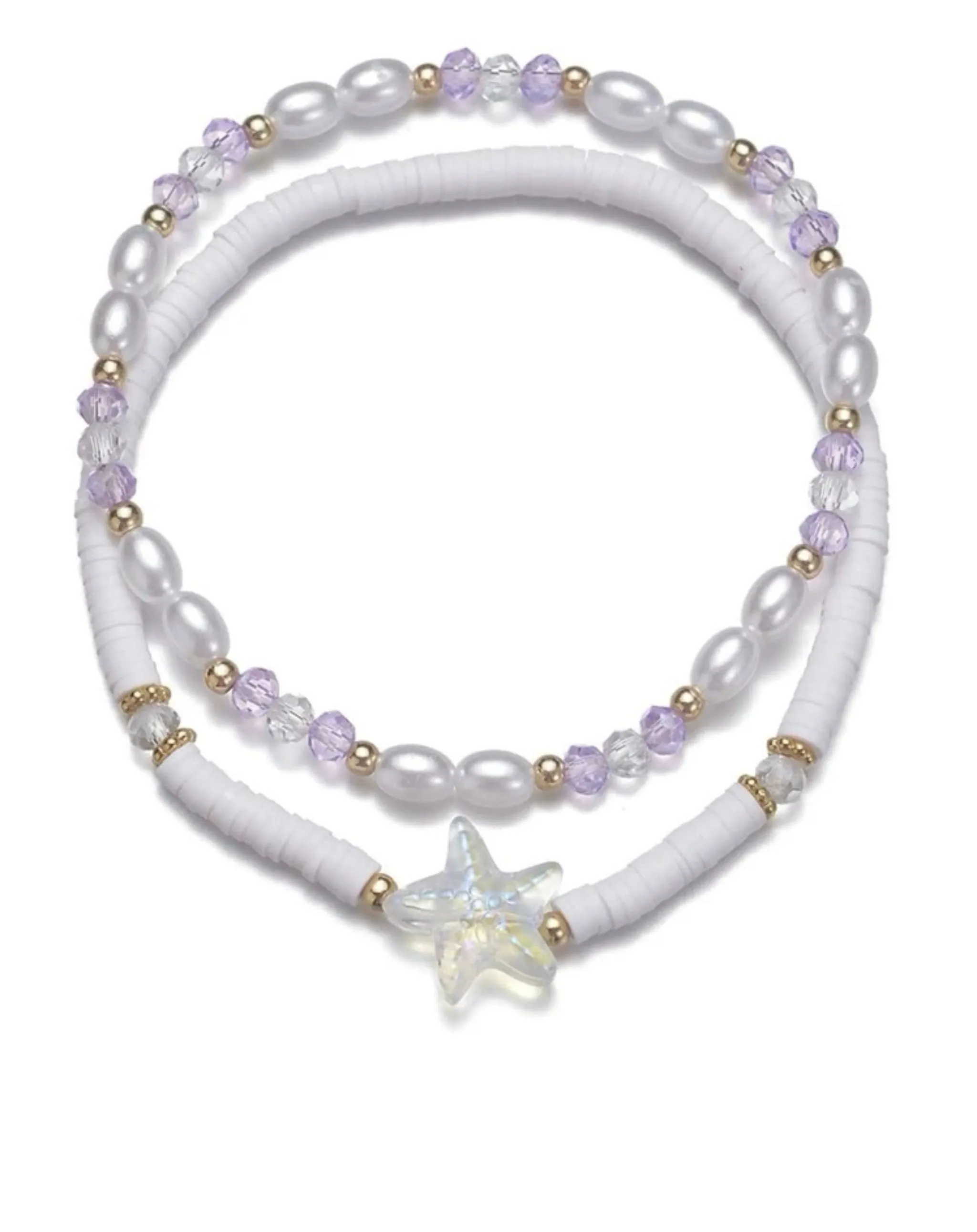 2 pc Starfish Charm Purple Beaded Anklet
