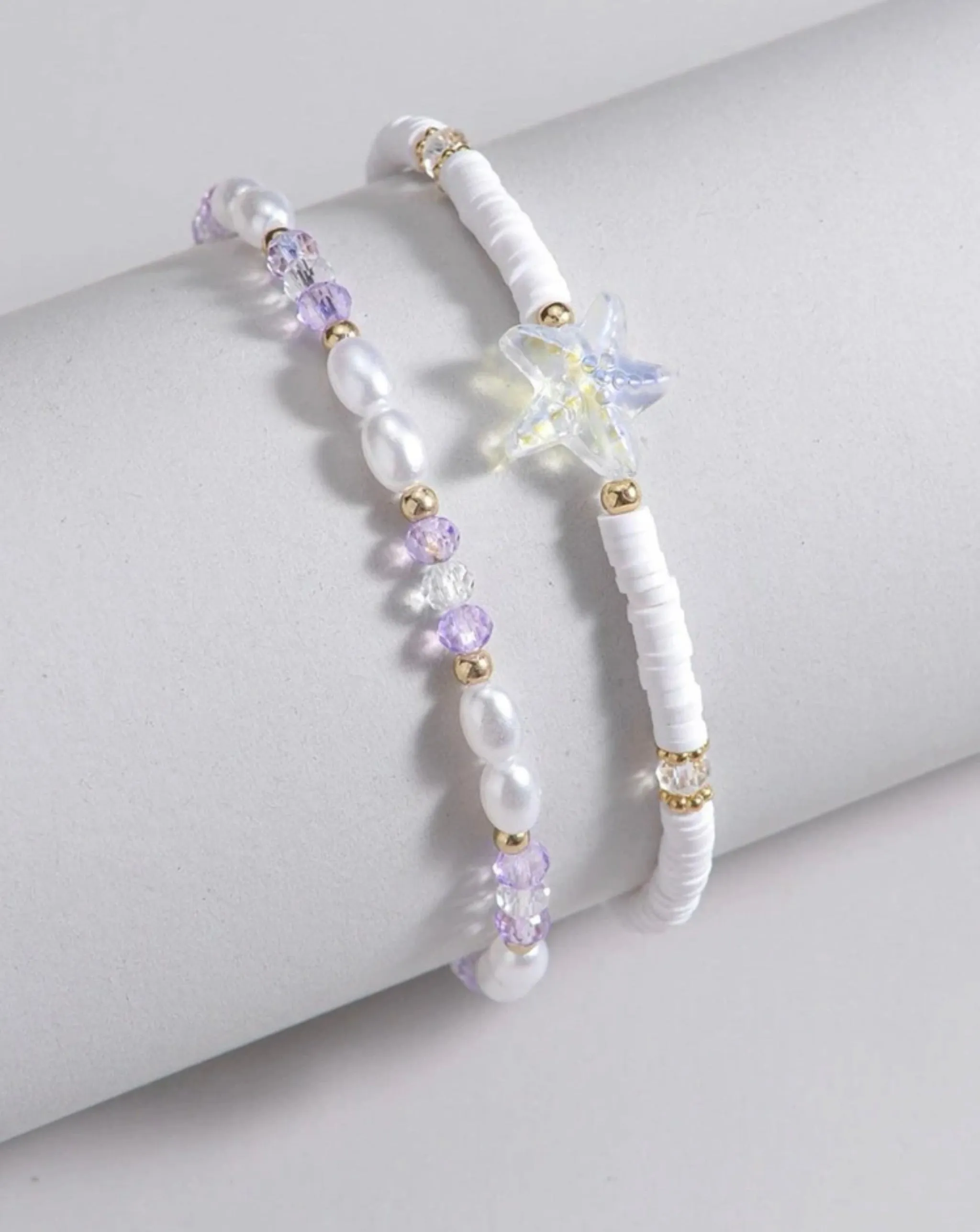 2 pc Starfish Charm Purple Beaded Anklet