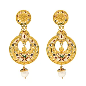 22K Yellow Gold & Pearl Meenakari Earrings (23.7gm)