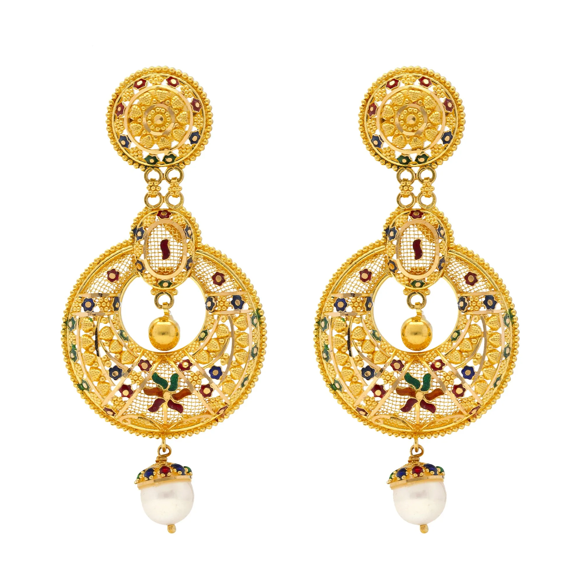 22K Yellow Gold & Pearl Meenakari Earrings (23.7gm)