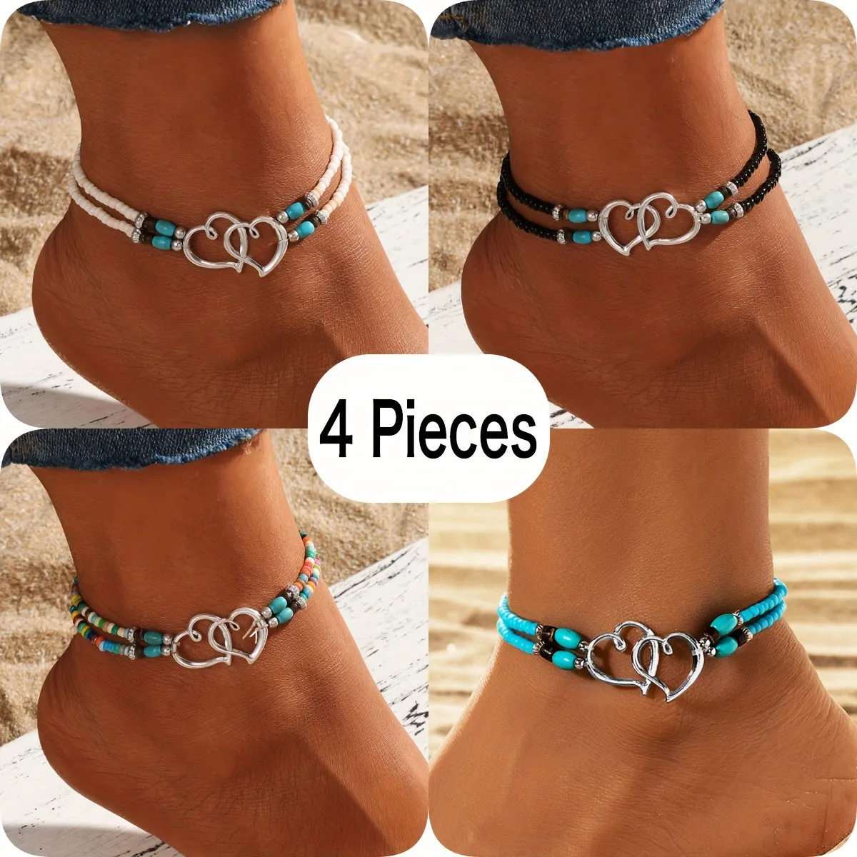 3-Piece Shimmering Heart Anklet Set – Boho Chic with Mini Seed Beads