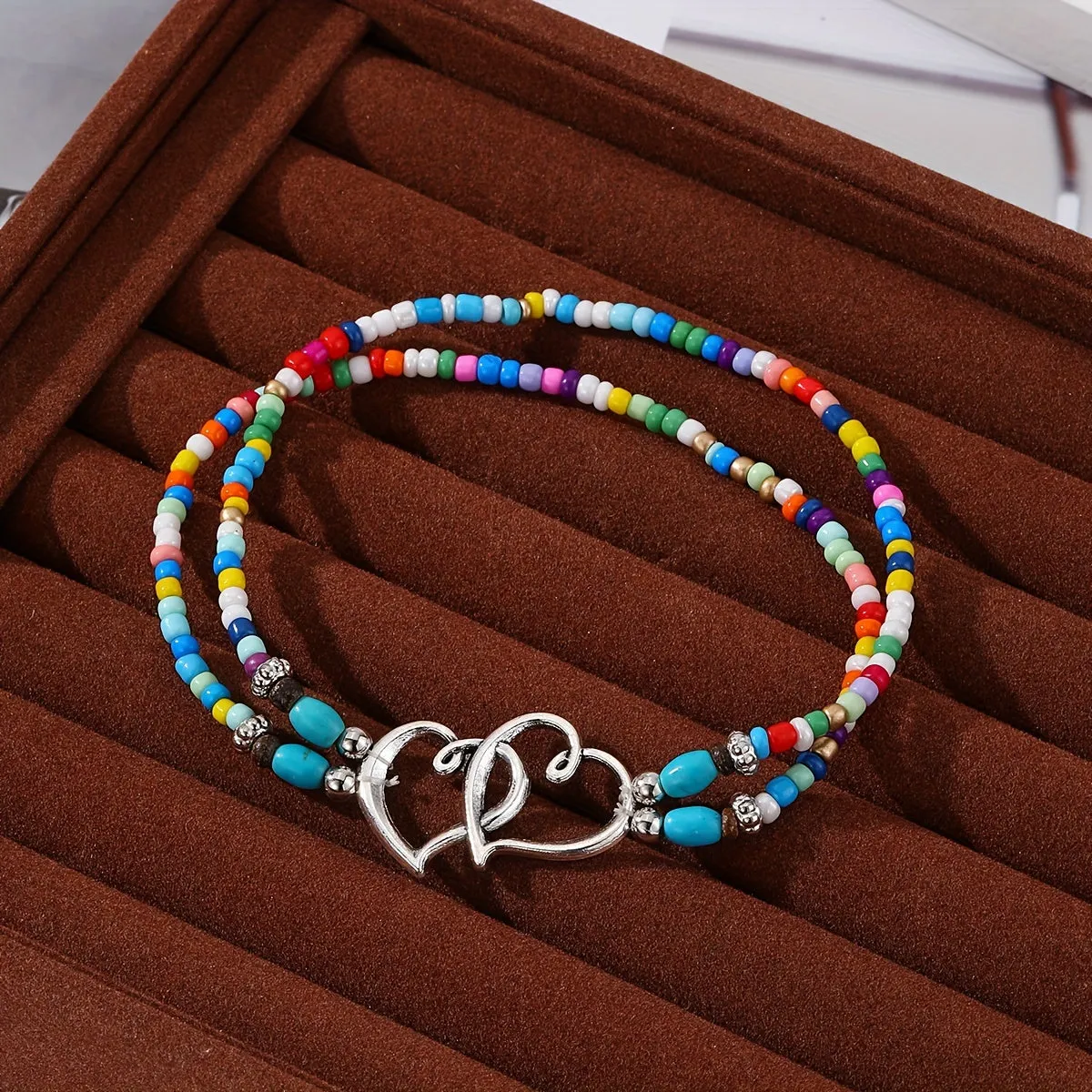 3-Piece Shimmering Heart Anklet Set – Boho Chic with Mini Seed Beads