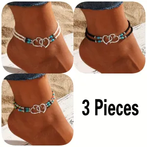 3-Piece Shimmering Heart Anklet Set – Boho Chic with Mini Seed Beads