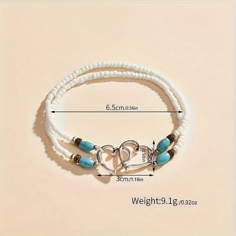 3-Piece Shimmering Heart Anklet Set – Boho Chic with Mini Seed Beads