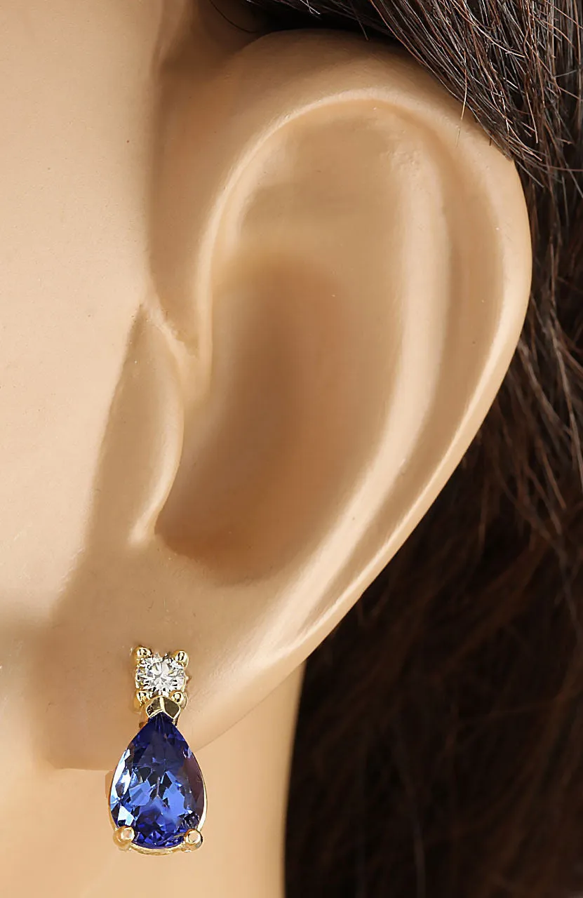 3.40 Carat Natural Tanzanite 14K Yellow Gold Diamond Earrings