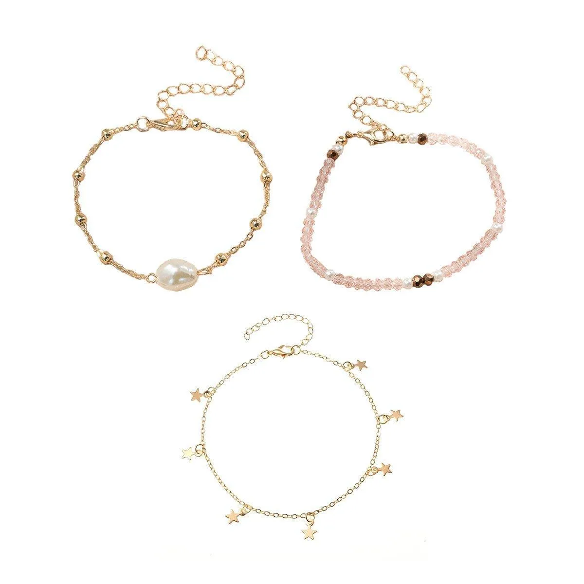 3pcs Pink Star Anklet Set Five-Pointed Star Foot Chain Fringe Jewelry Women