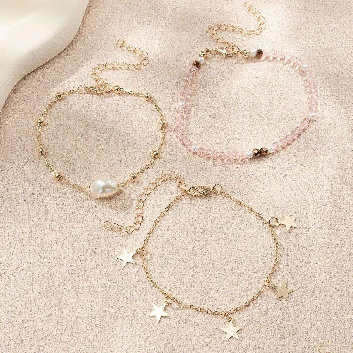 3pcs Pink Star Anklet Set Five-Pointed Star Foot Chain Fringe Jewelry Women