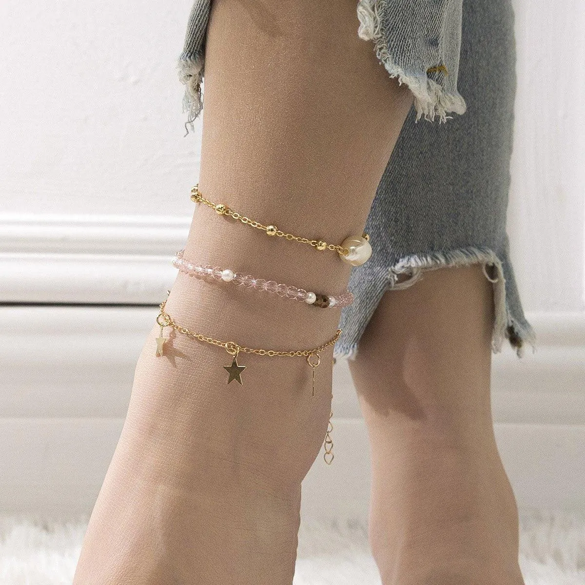 3pcs Pink Star Anklet Set Five-Pointed Star Foot Chain Fringe Jewelry Women