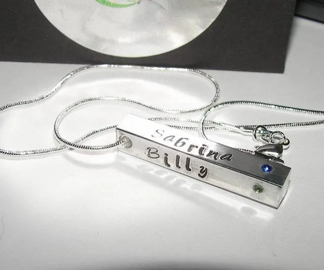 4 sided bar necklace for Mothers, Personalized Mothers Day Gift with Kids Names, Custom Hand Stamped Jewelry