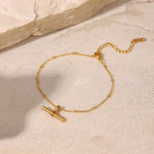 5pcs New Titanium Steel Anklet 18K Gold Personality Tbar Rod Pendant Round Bead Chain Anklet Fashion Everything Anklet