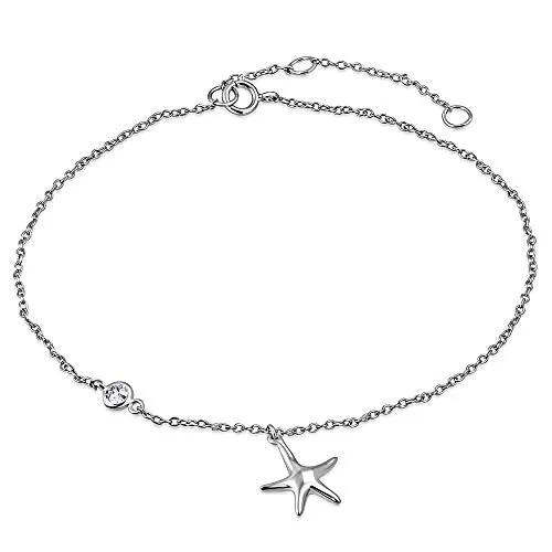 925 Sterling Silver Bezel-Set White Clear CZ Starfish Anklet Bracelet