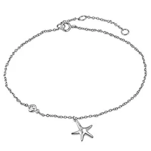 925 Sterling Silver Bezel-Set White Clear CZ Starfish Anklet Bracelet