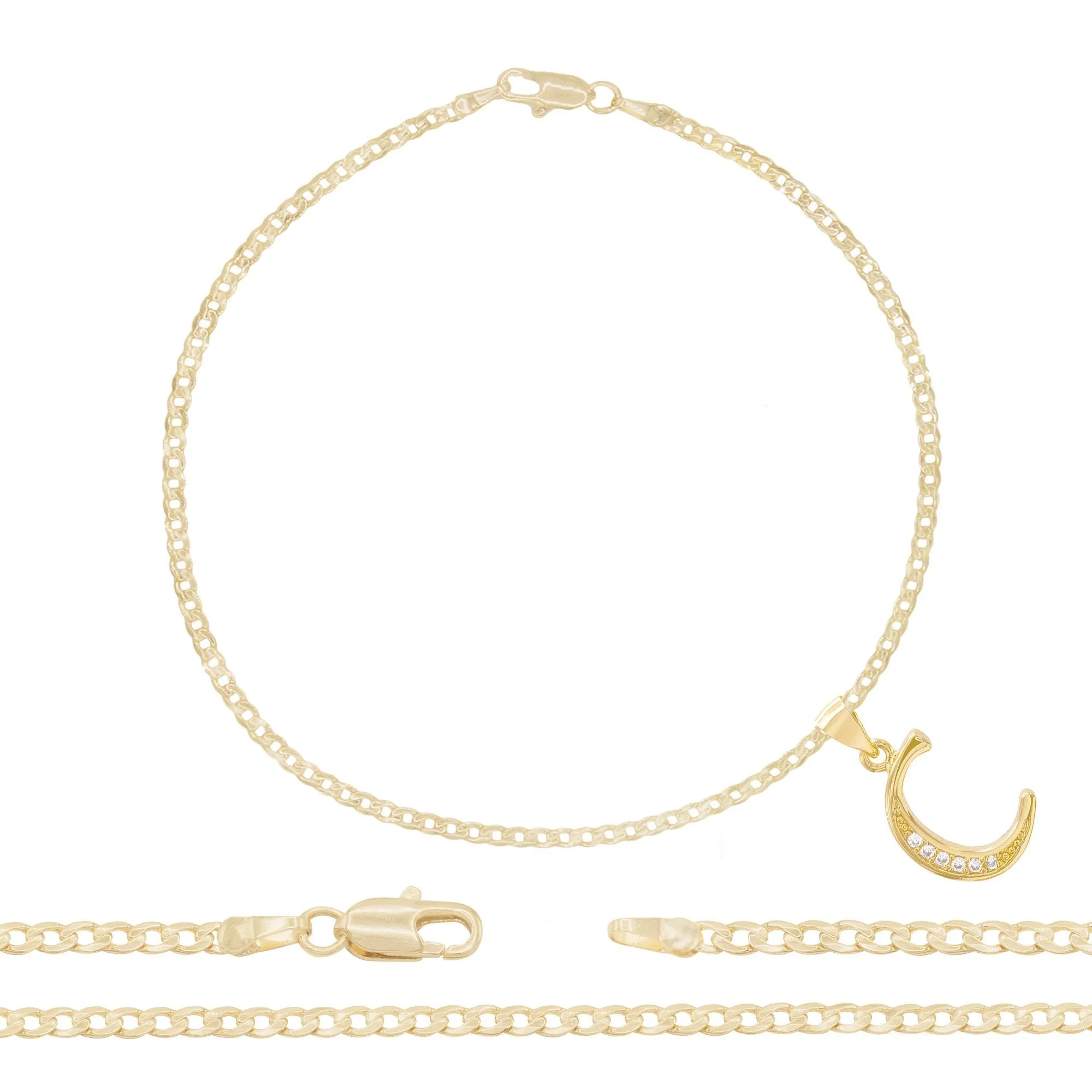 A-Z Initial Letter Pendant 14K Gold Filled Cubic Zirconia Curb Chain Anklet 10" Set 2.5 mm  Women Jewelry