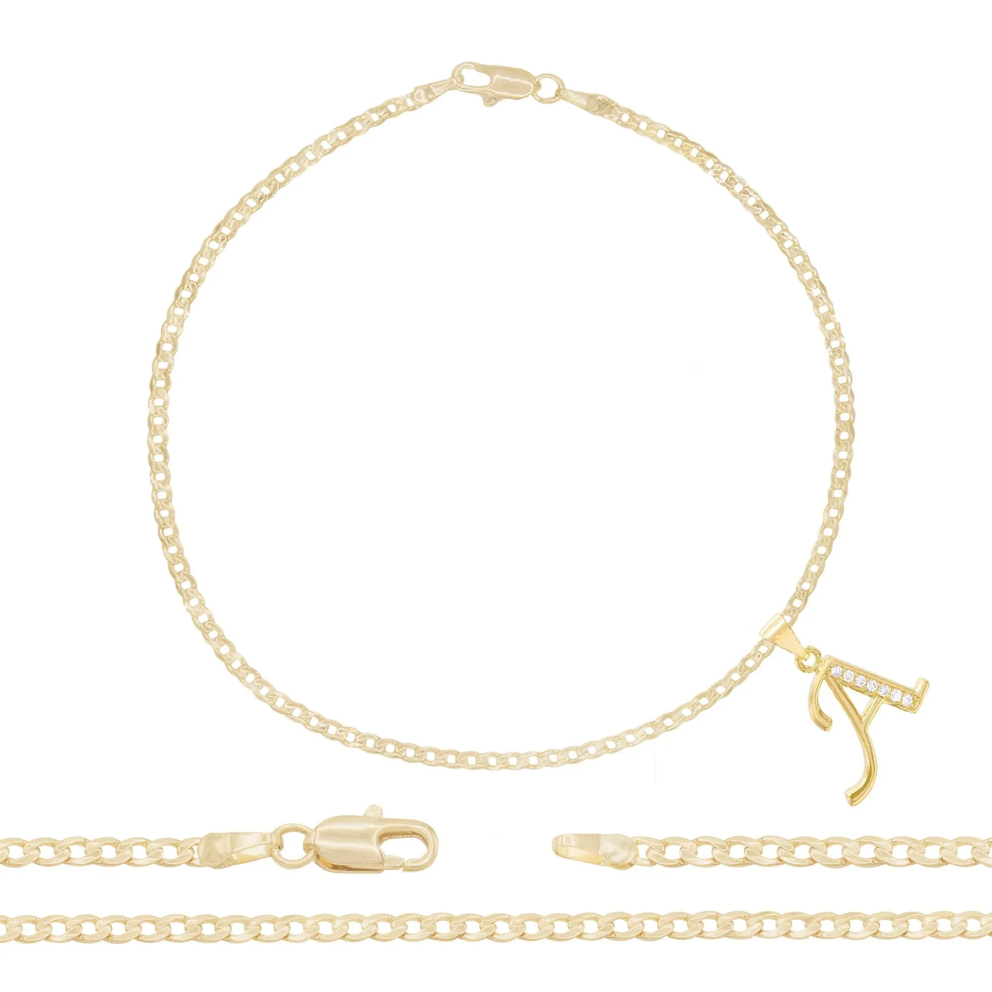 A-Z Initial Letter Pendant 14K Gold Filled Cubic Zirconia Curb Chain Anklet 10" Set 2.5 mm  Women Jewelry