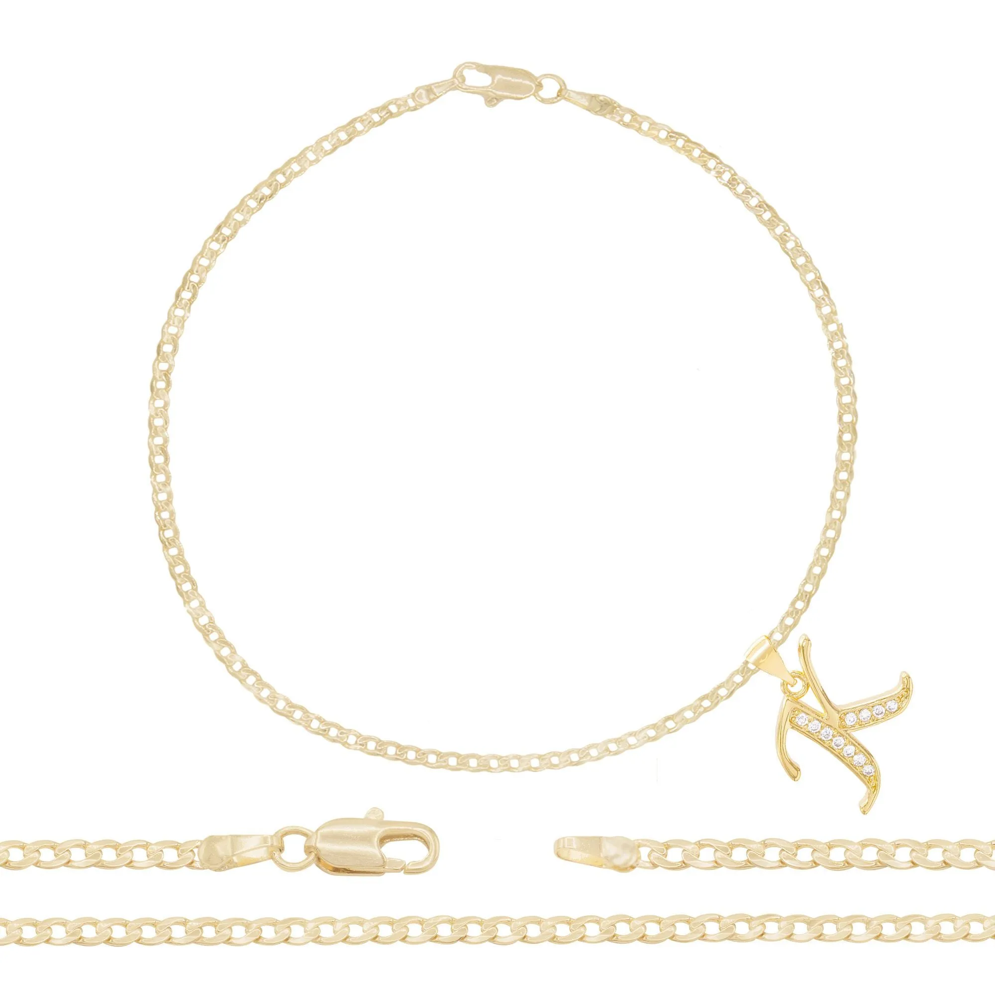 A-Z Initial Letter Pendant 14K Gold Filled Cubic Zirconia Curb Chain Anklet 10" Set 2.5 mm  Women Jewelry