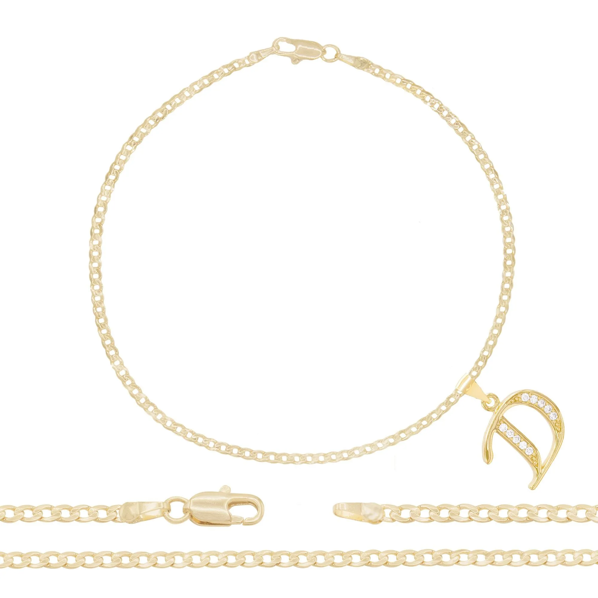 A-Z Initial Letter Pendant 14K Gold Filled Cubic Zirconia Curb Chain Anklet 10" Set 2.5 mm  Women Jewelry