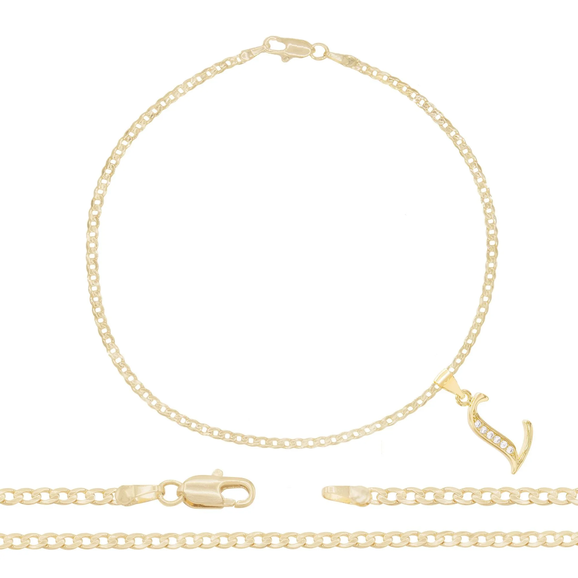 A-Z Initial Letter Pendant 14K Gold Filled Cubic Zirconia Curb Chain Anklet 10" Set 2.5 mm  Women Jewelry