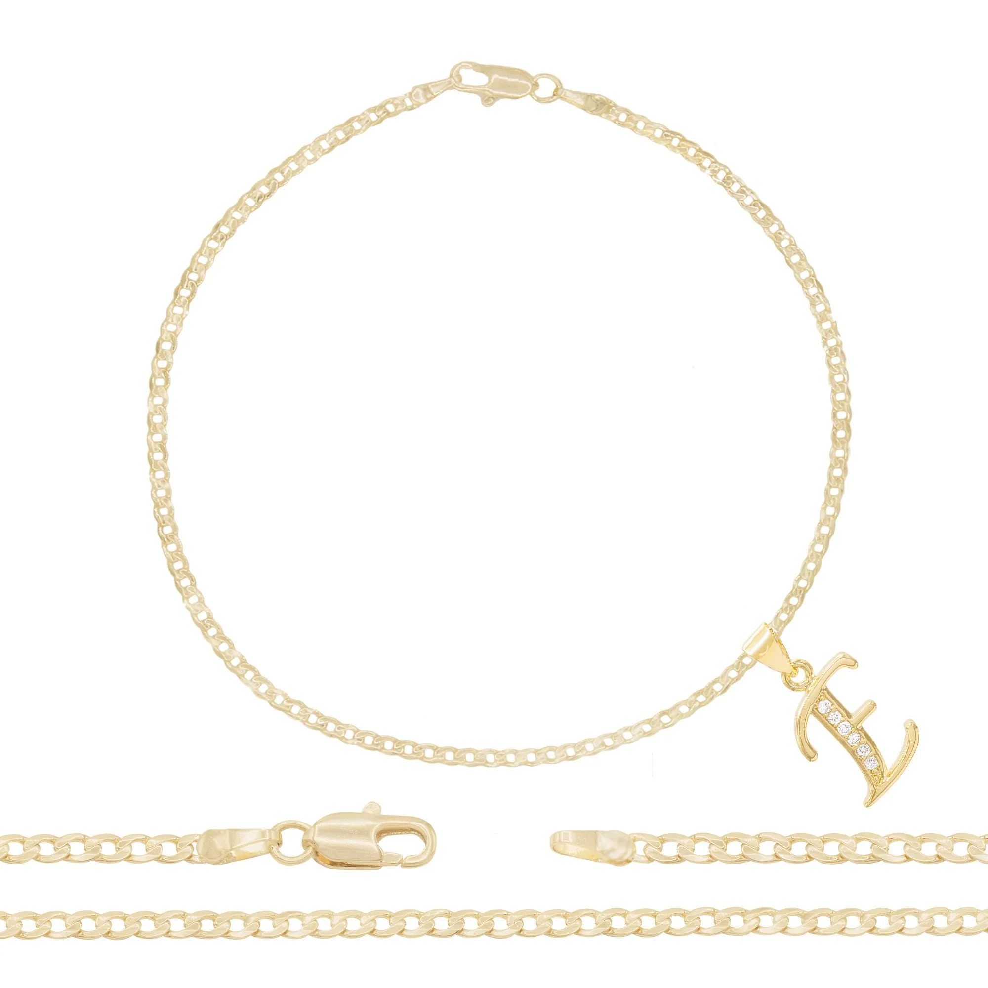 A-Z Initial Letter Pendant 14K Gold Filled Cubic Zirconia Curb Chain Anklet 10" Set 2.5 mm  Women Jewelry