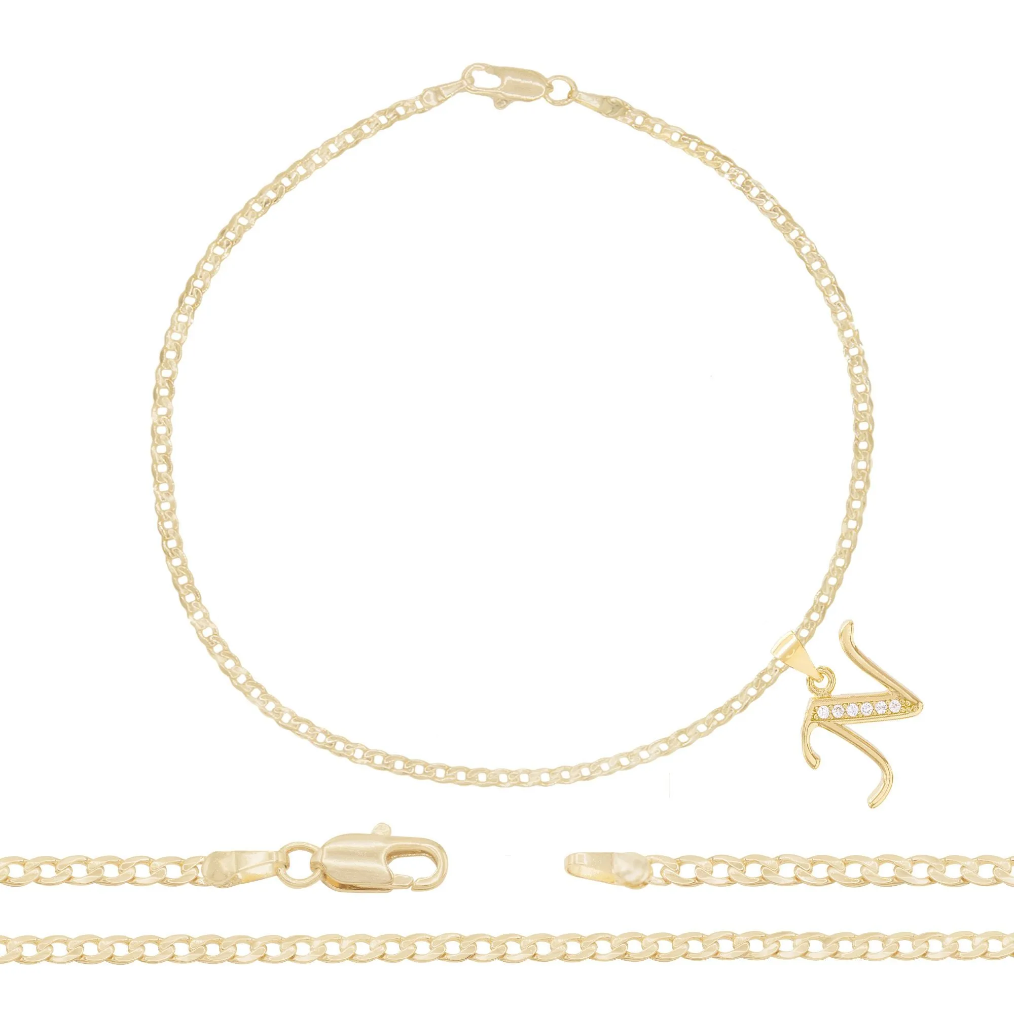 A-Z Initial Letter Pendant 14K Gold Filled Cubic Zirconia Curb Chain Anklet 10" Set 2.5 mm  Women Jewelry