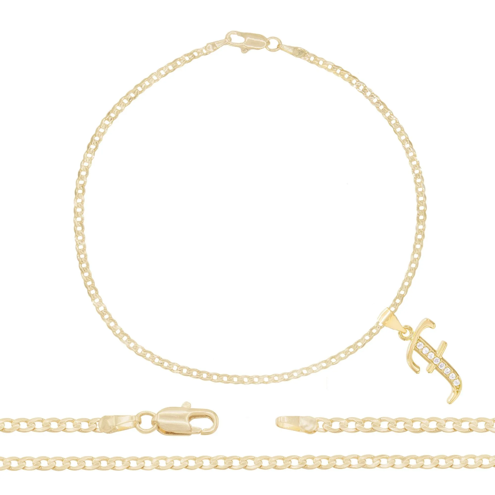 A-Z Initial Letter Pendant 14K Gold Filled Cubic Zirconia Curb Chain Anklet 10" Set 2.5 mm  Women Jewelry