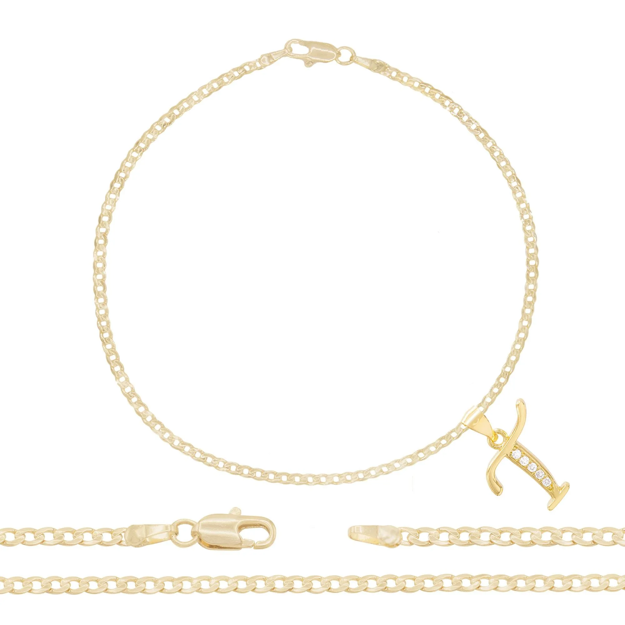 A-Z Initial Letter Pendant 14K Gold Filled Cubic Zirconia Curb Chain Anklet 10" Set 2.5 mm  Women Jewelry