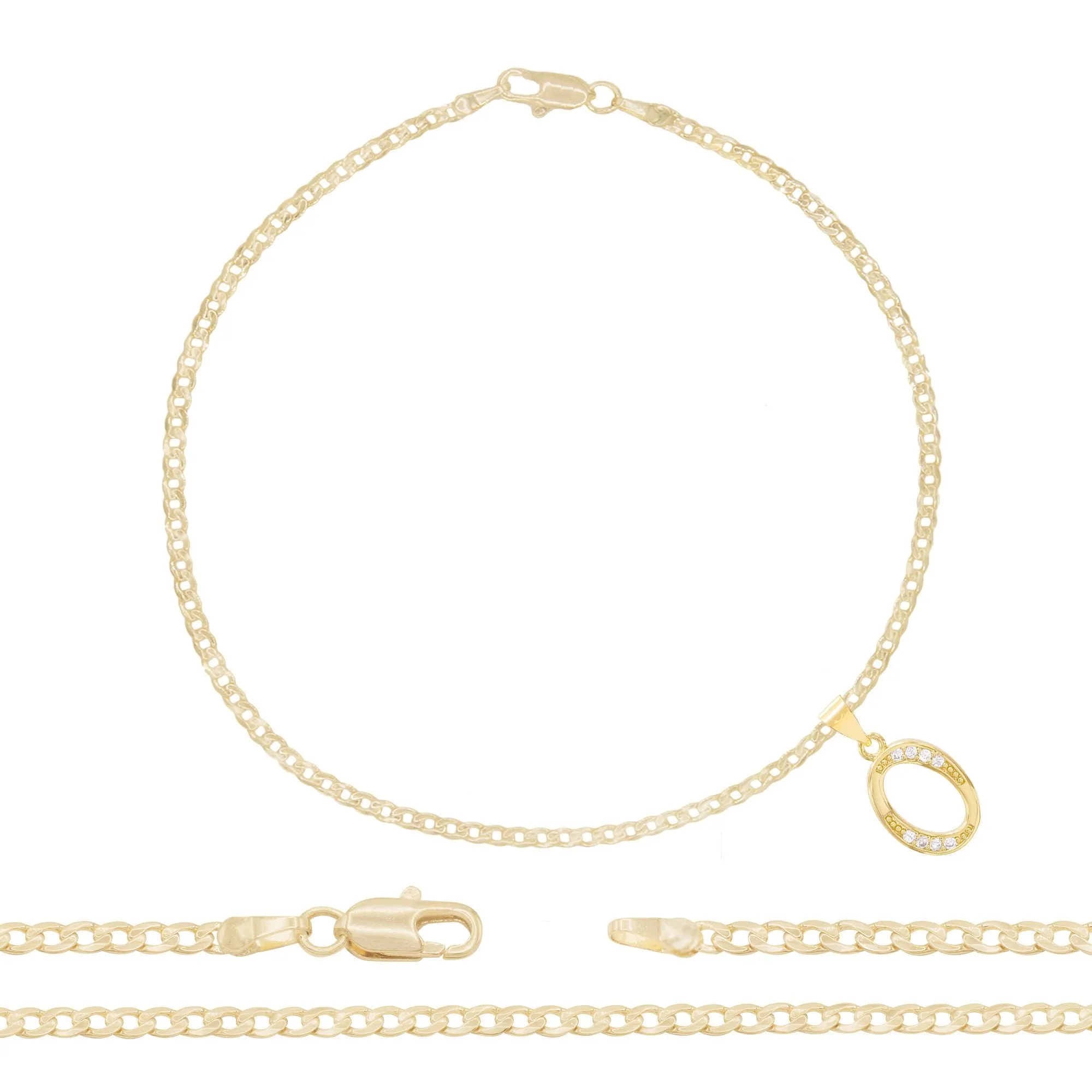 A-Z Initial Letter Pendant 14K Gold Filled Cubic Zirconia Curb Chain Anklet 10" Set 2.5 mm  Women Jewelry