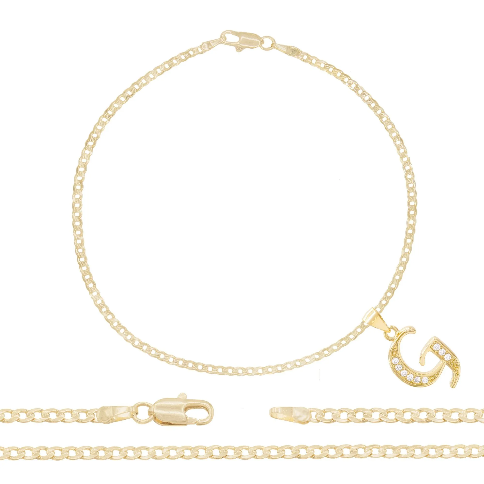 A-Z Initial Letter Pendant 14K Gold Filled Cubic Zirconia Curb Chain Anklet 10" Set 2.5 mm  Women Jewelry