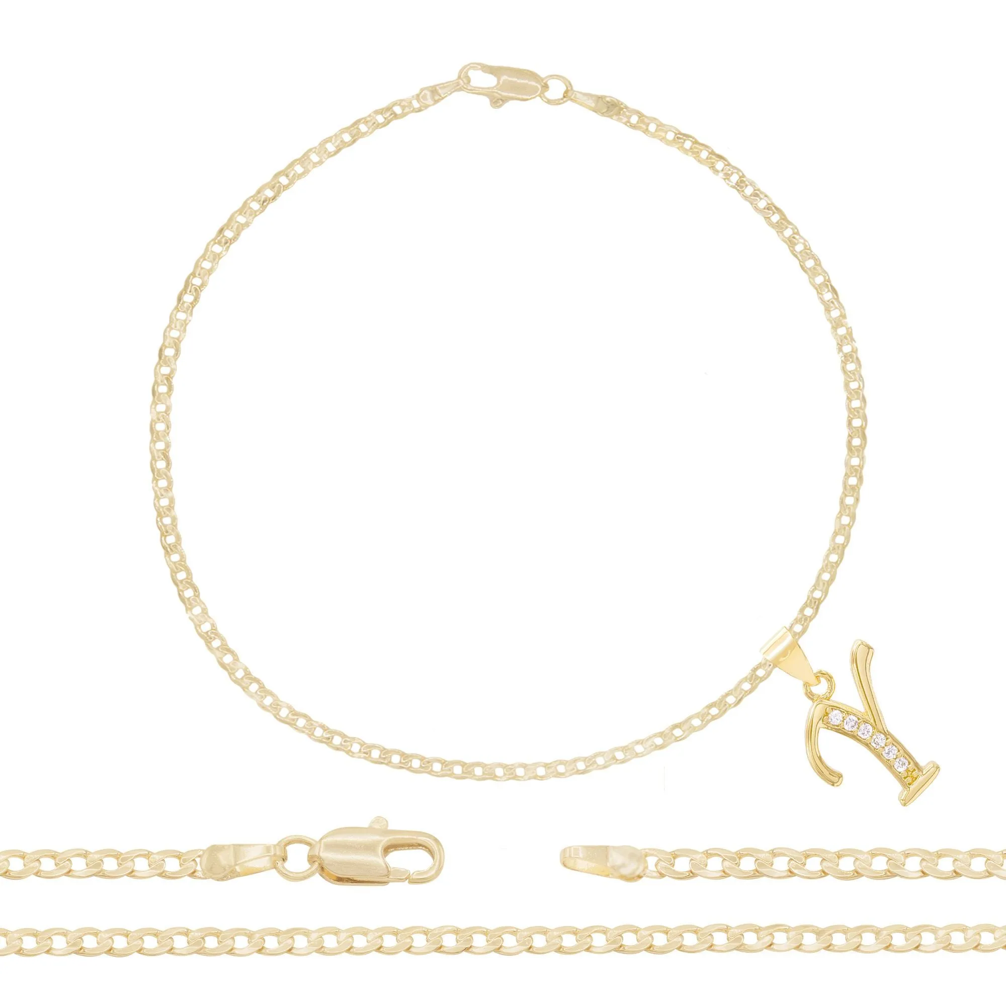 A-Z Initial Letter Pendant 14K Gold Filled Cubic Zirconia Curb Chain Anklet 10" Set 2.5 mm  Women Jewelry