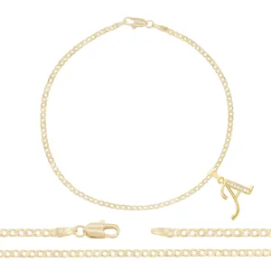 A-Z Initial Letter Pendant 14K Gold Filled Cubic Zirconia Curb Chain Anklet 10" Set 2.5 mm  Women Jewelry