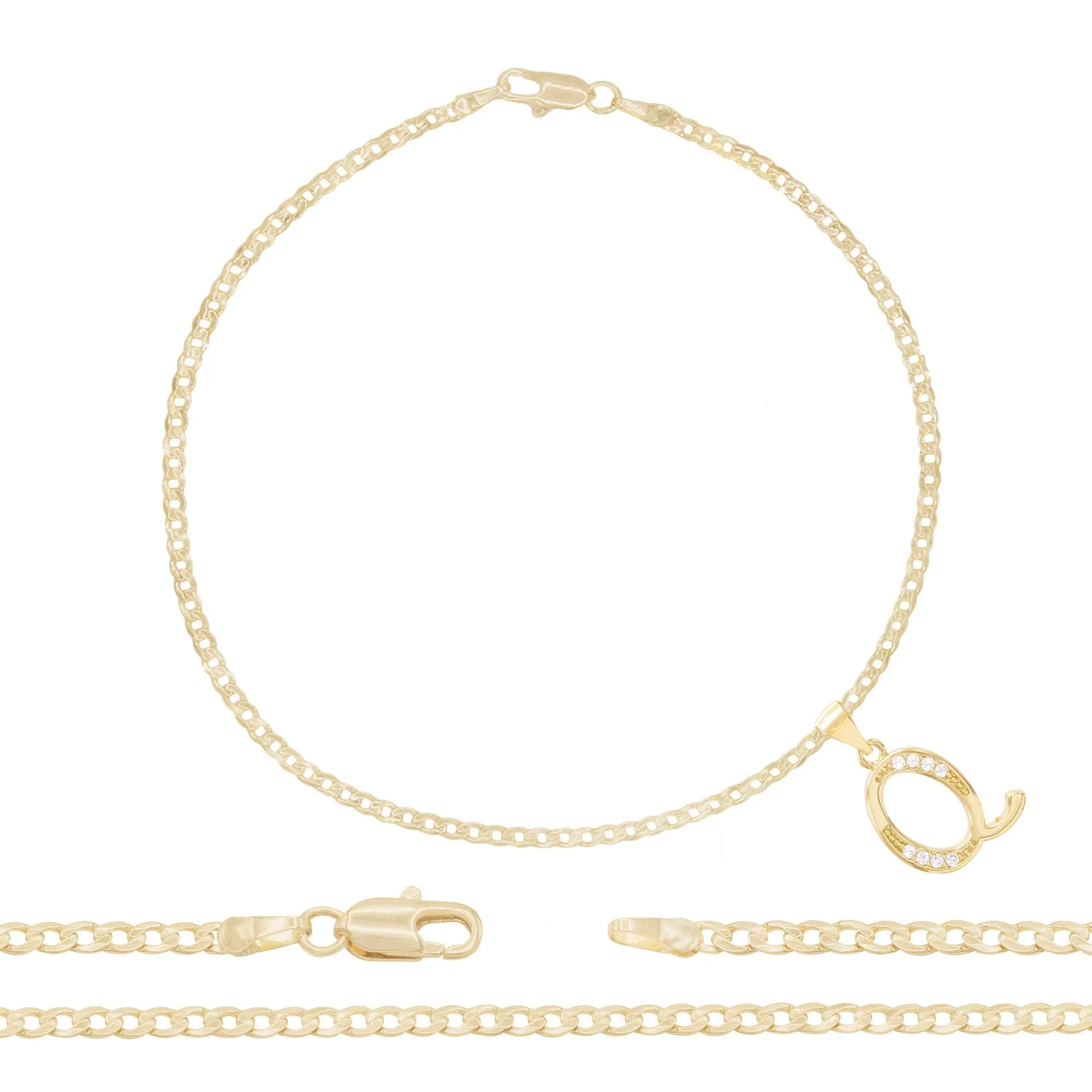 A-Z Initial Letter Pendant 14K Gold Filled Cubic Zirconia Curb Chain Anklet 10" Set 2.5 mm  Women Jewelry