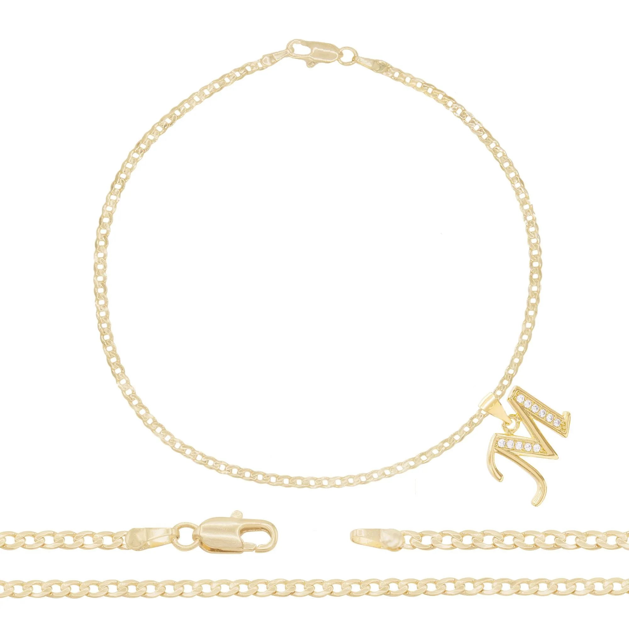 A-Z Initial Letter Pendant 14K Gold Filled Cubic Zirconia Curb Chain Anklet 10" Set 2.5 mm  Women Jewelry