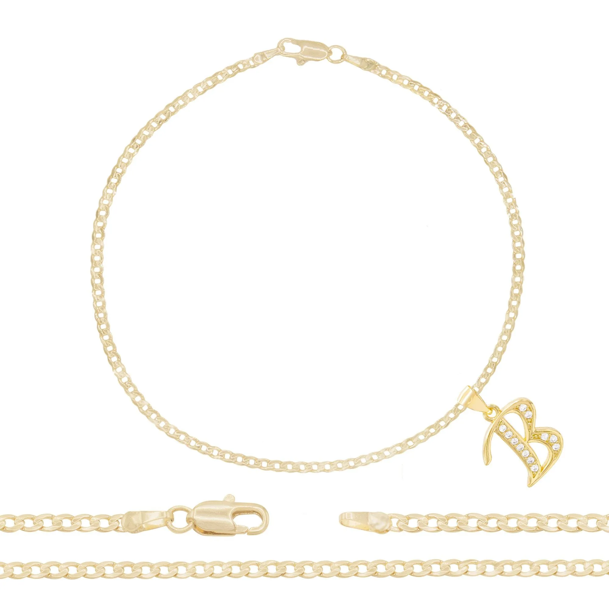 A-Z Initial Letter Pendant 14K Gold Filled Cubic Zirconia Curb Chain Anklet 10" Set 2.5 mm  Women Jewelry