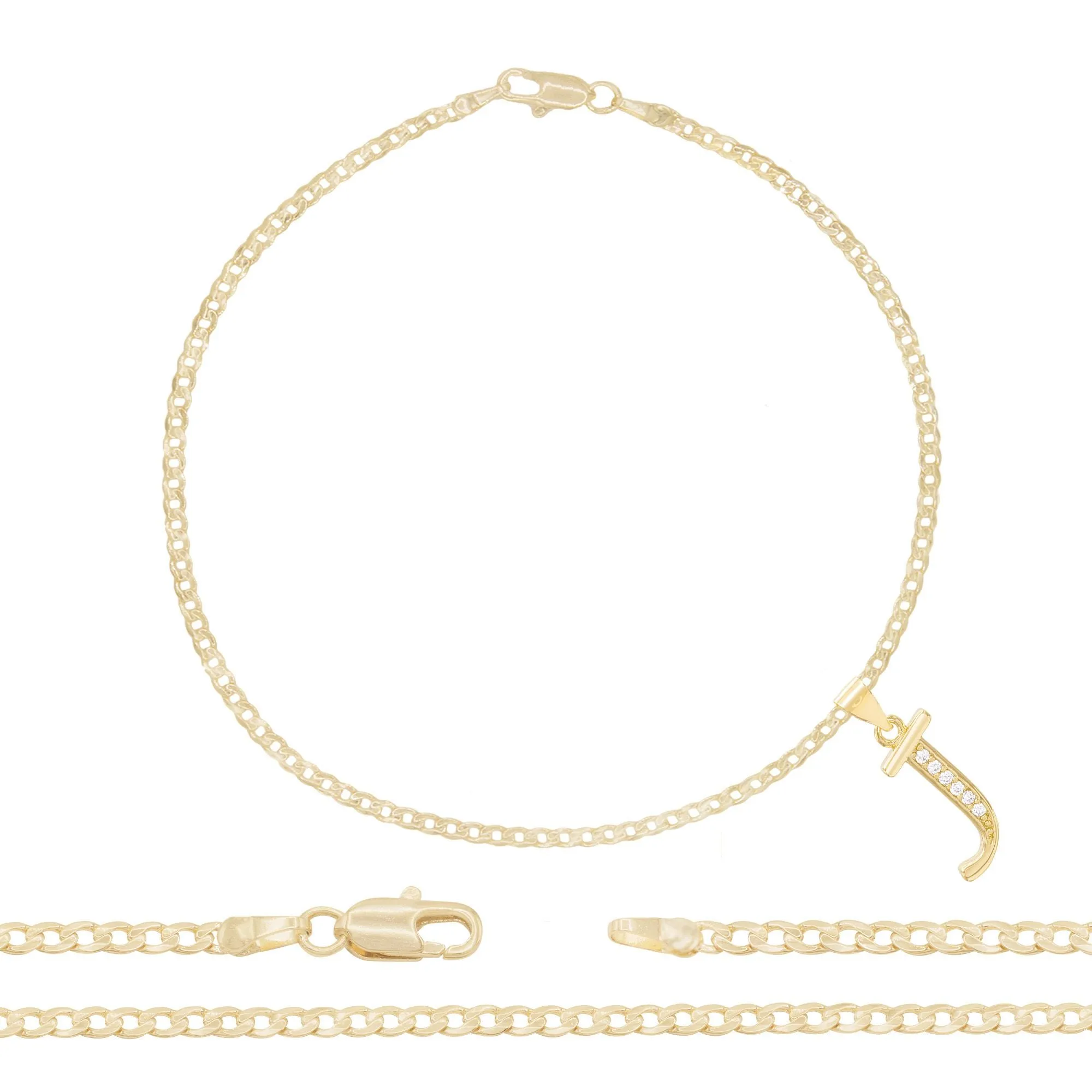 A-Z Initial Letter Pendant 14K Gold Filled Cubic Zirconia Curb Chain Anklet 10" Set 2.5 mm  Women Jewelry