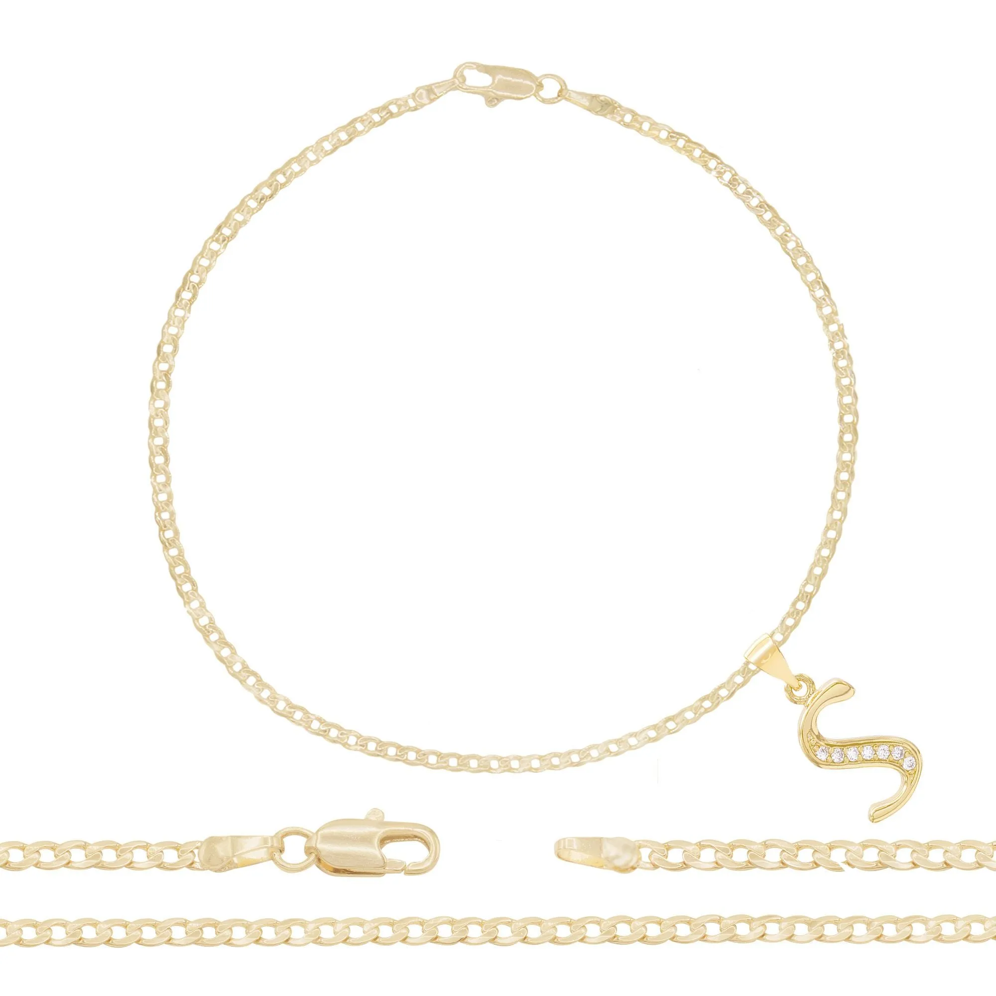 A-Z Initial Letter Pendant 14K Gold Filled Cubic Zirconia Curb Chain Anklet 10" Set 2.5 mm  Women Jewelry