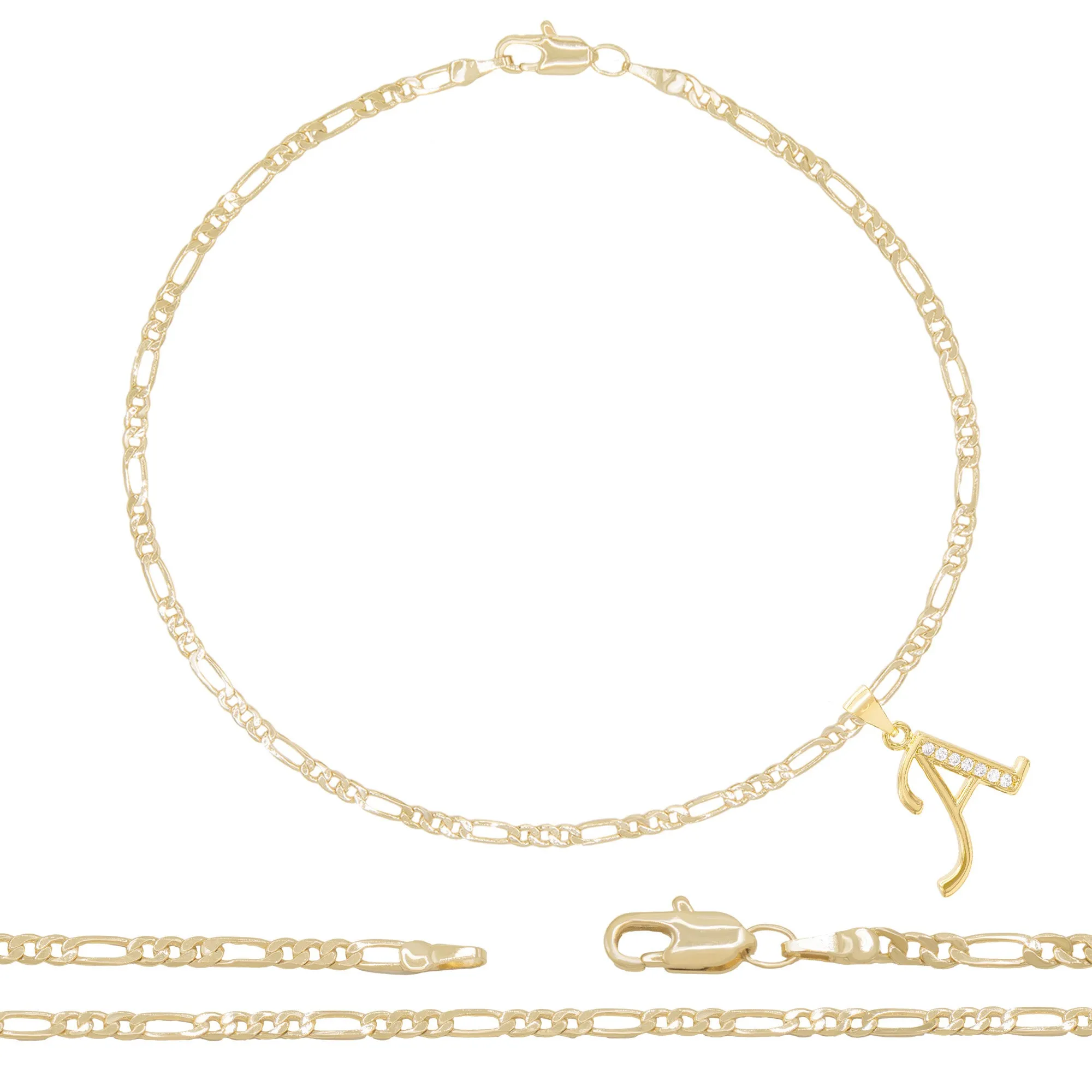 A-Z Initial Letter Pendant 14K Gold Filled Cubic Zirconia Figaro Chain Anklet 10" Set 2.4 mm  Women Jewelry