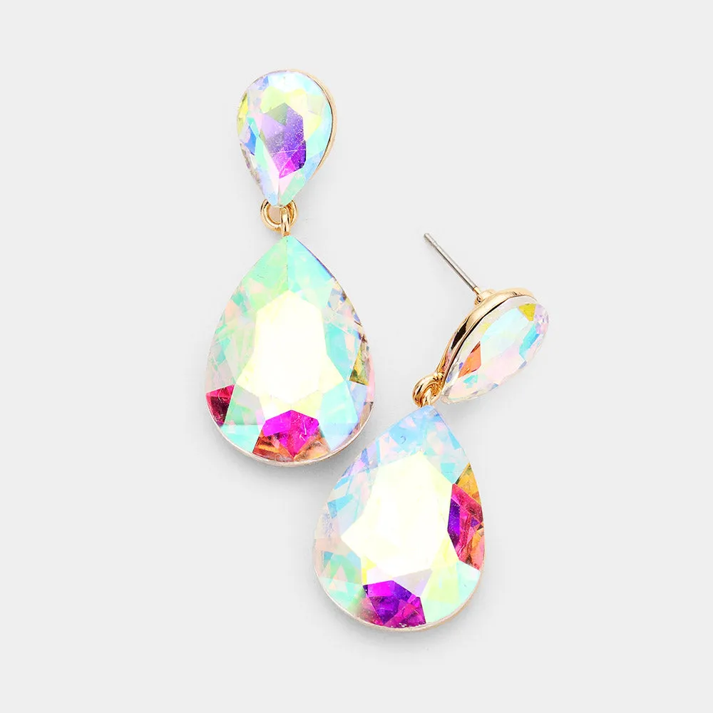 AB Crystal Double Teardrop Pageant Earrings for Little Girls on Gold | 387924