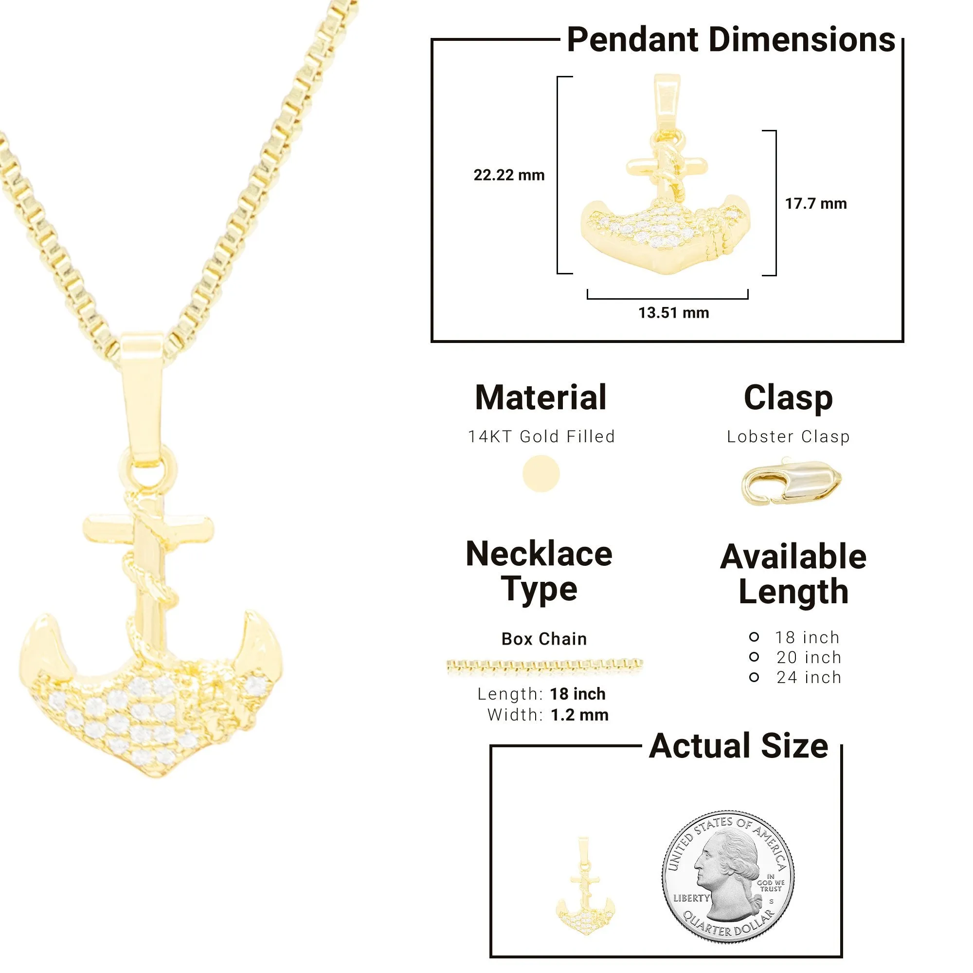 Anchor Cross Cubic Zirconia Pendant 14K Gold Filled Necklace Set